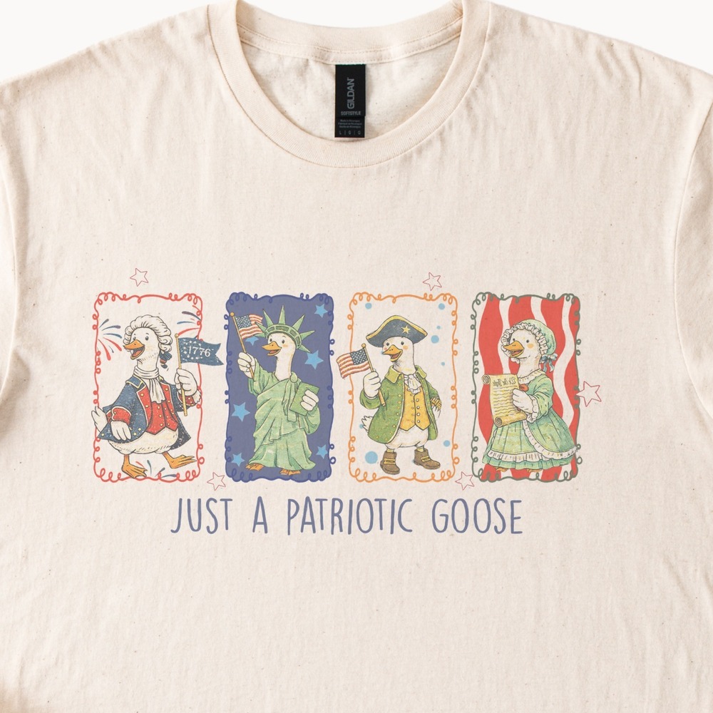 Patriotic Goose Graphic Tee Vintage Cartoon Illustration Natural